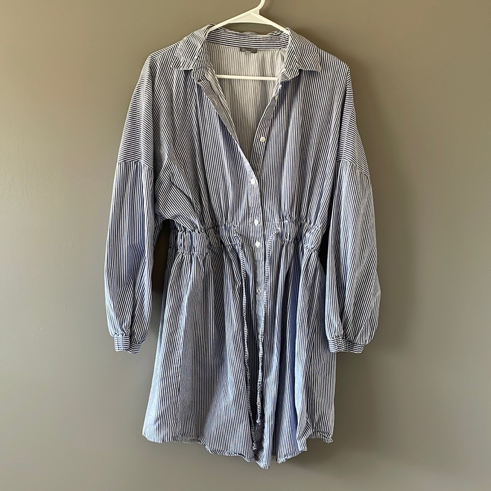 Charlotte Russe Blue & White Stripe Puff-Sleeve Shirt Dress/Coverup